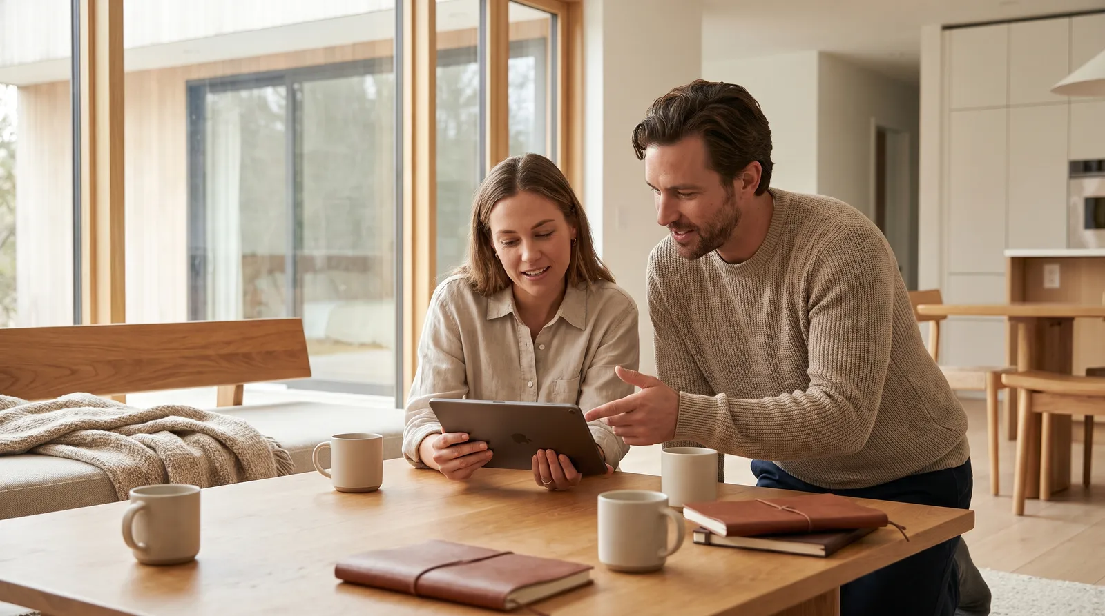 Two adults considering a purchase together with a tablet at home.