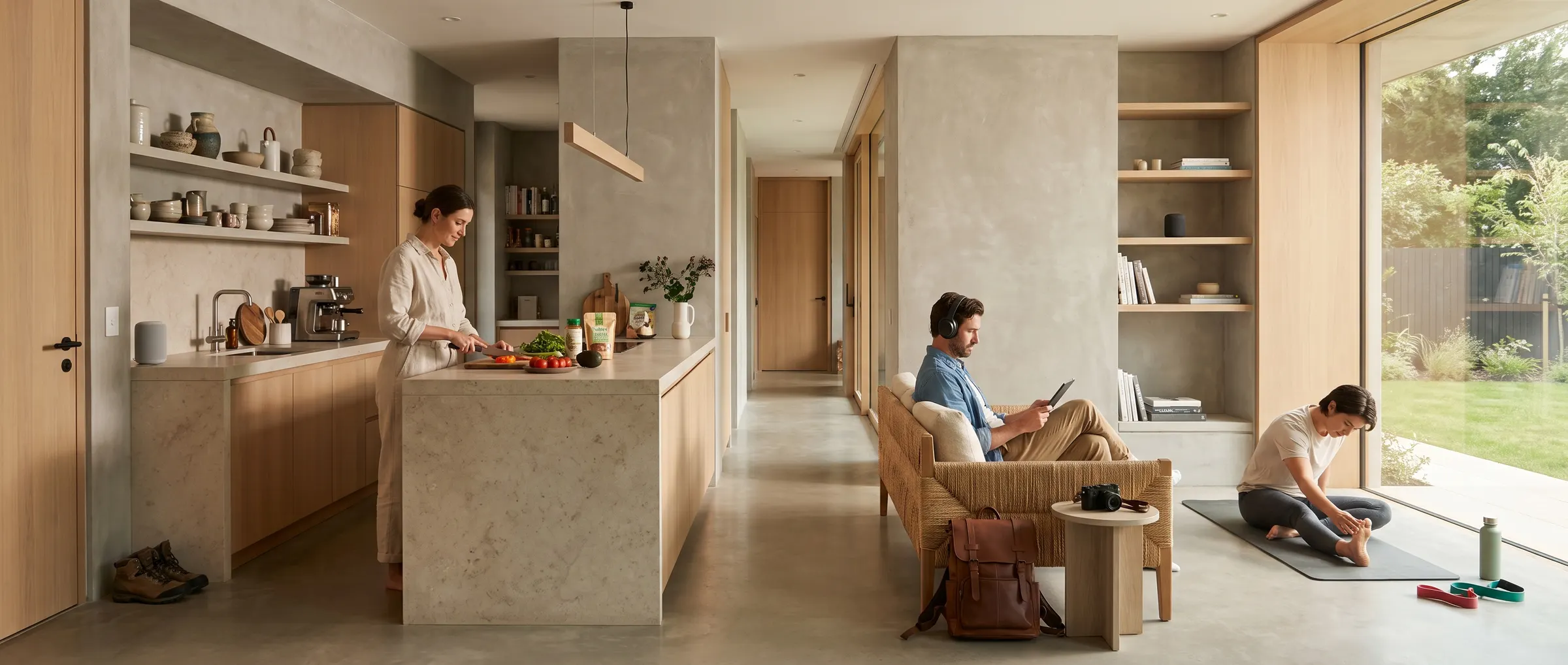 Several everyday consumer moments across one coherent modern environment.