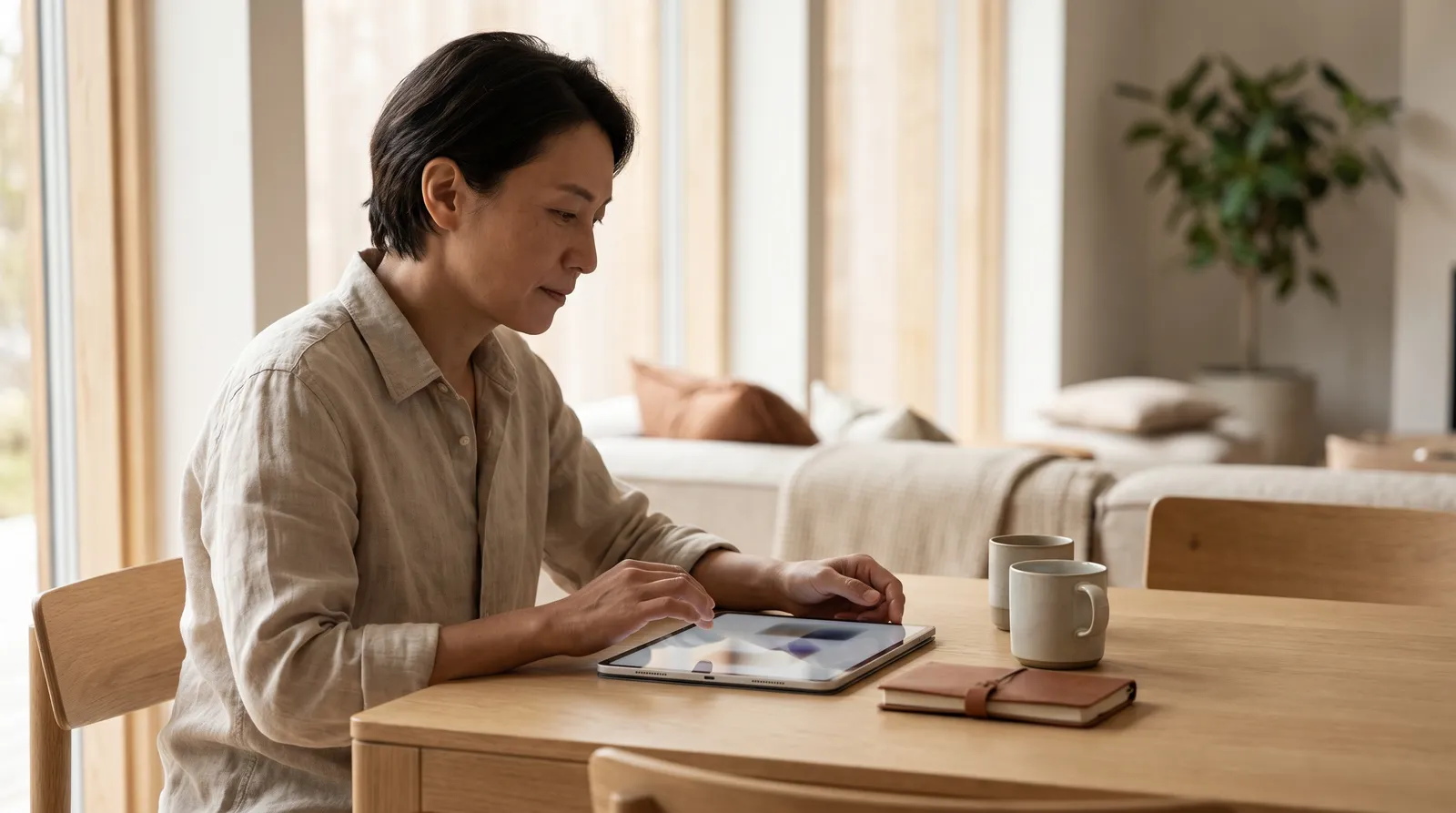 A consumer researching a purchase on a tablet with products nearby.