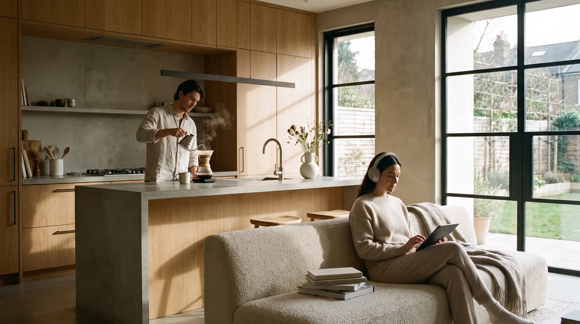 Two adults using everyday consumer products in a warm, modern home.