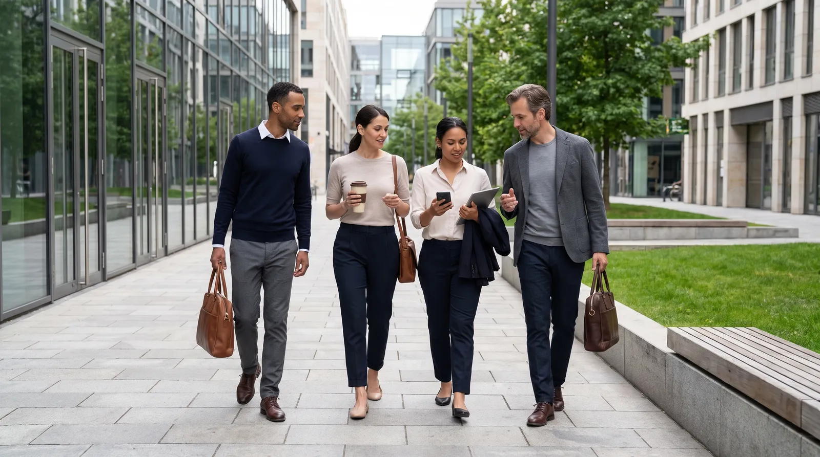 Diverse adults moving through a modern international lifestyle district.