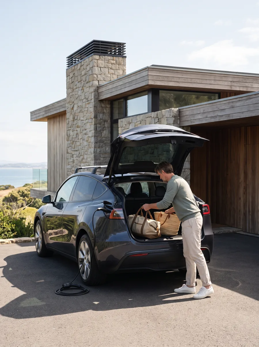 A person preparing for a journey beside a modern car.