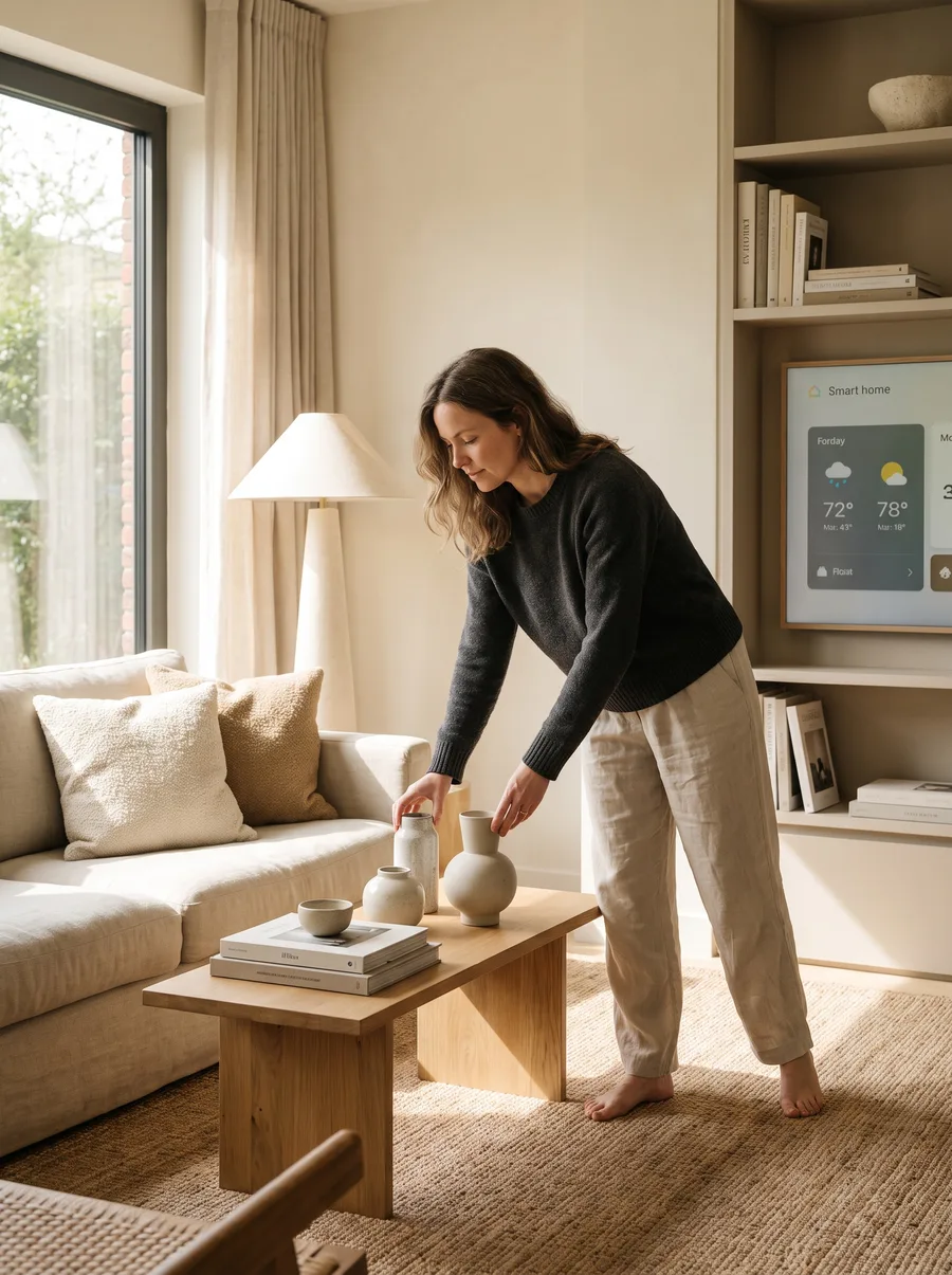 A person arranging accessories in a warm, modern living room.