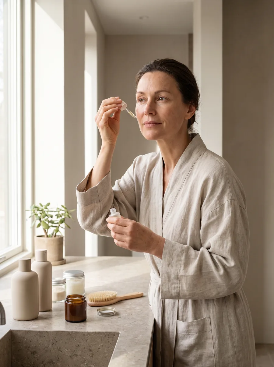 An adult in a bright interior during a personal-care routine.