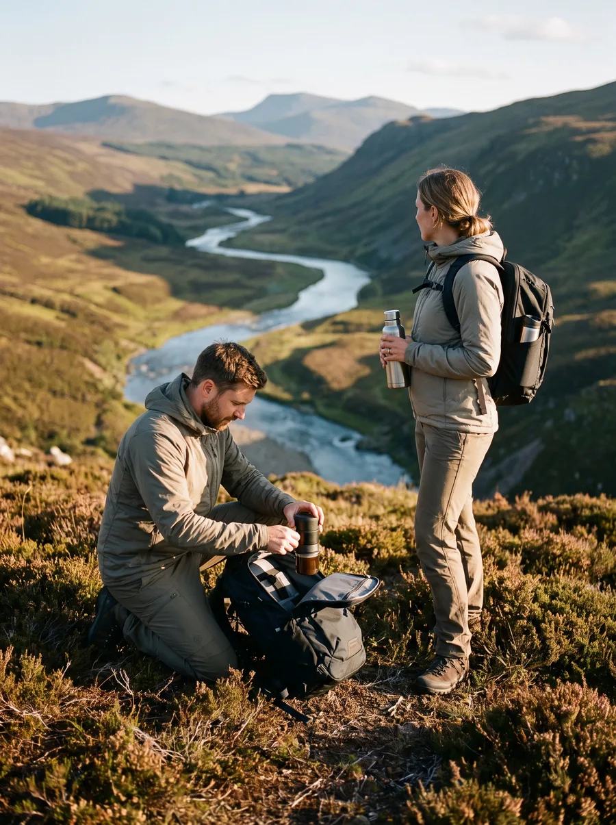 Two adults with outdoor and travel gear in a natural landscape.
