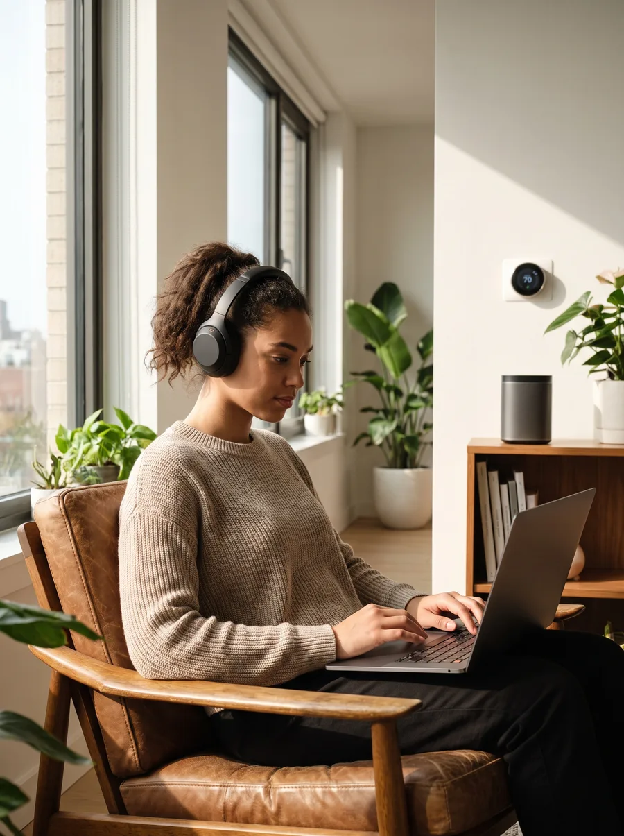 A young adult using consumer technology in a contemporary home.
